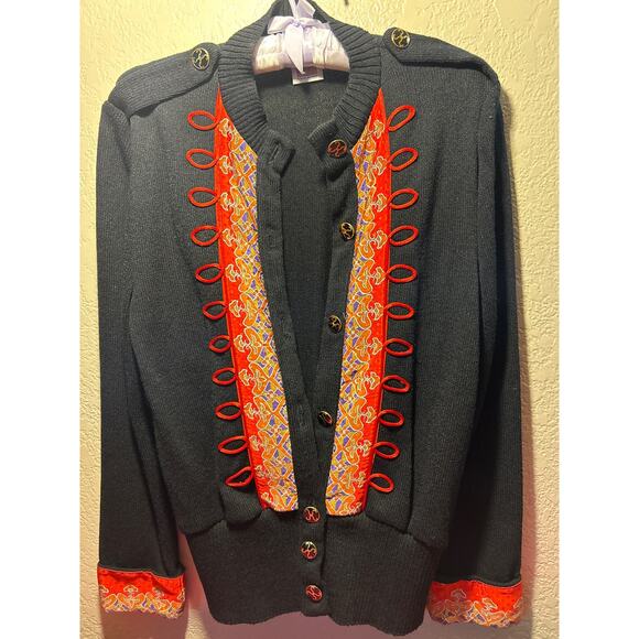 Vtg Anthony Sicari Black Sweater Cardigan, Red Oriental Design, Women’s SZ M - Picture 3 of 9